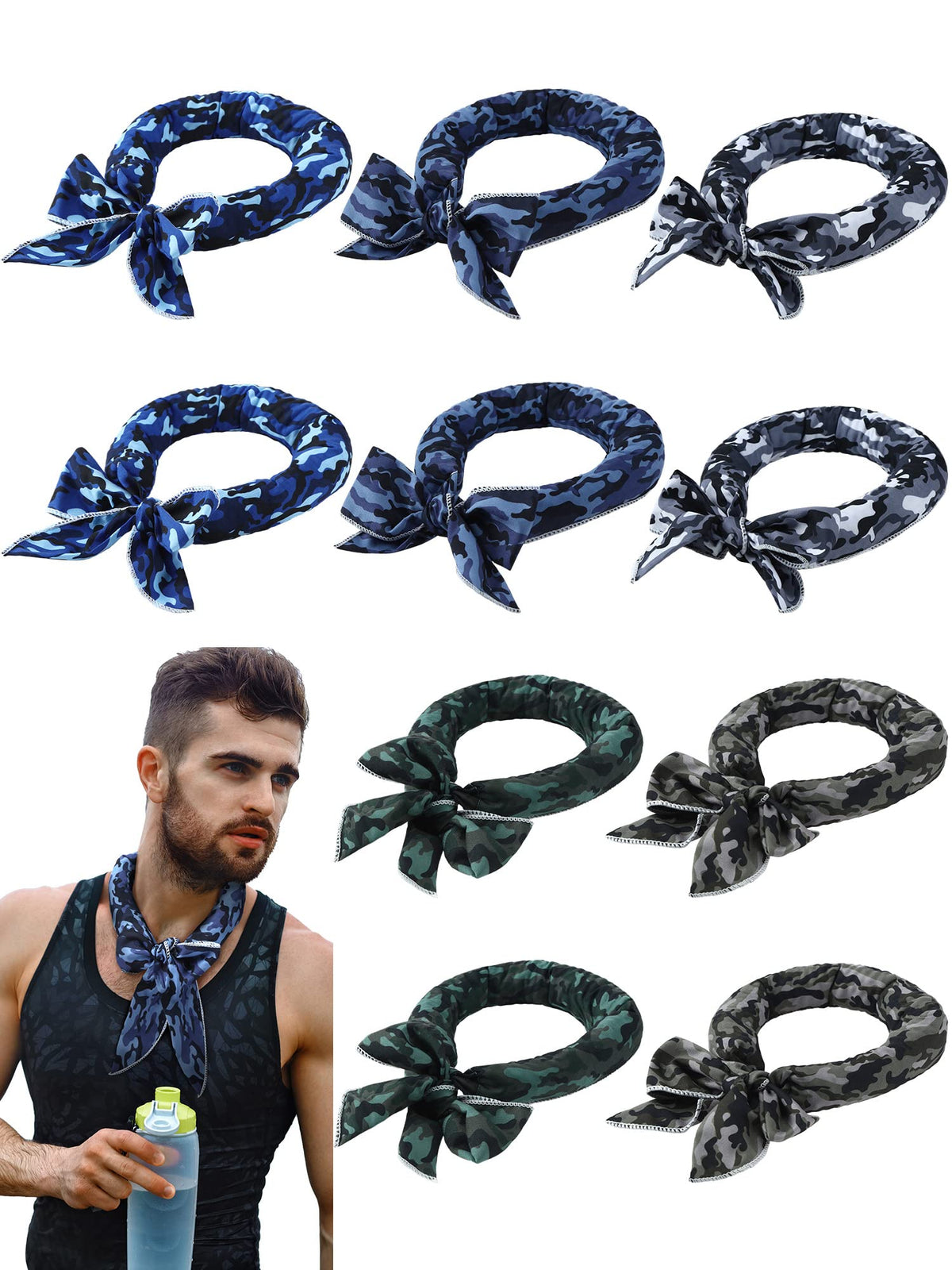 Janmercy 10 Pcs Tie Dye Cooling Neck Wraps Cooling Scarf Ice Bandanas Summer for Men Women Camping Running Outdoor Sports (Camouflage Style)