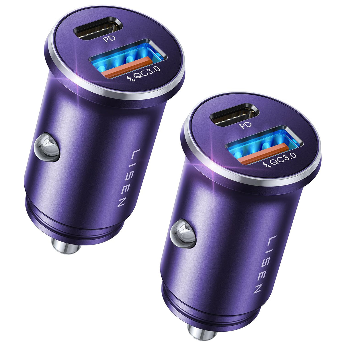LISEN 48W USB C Car Charger Adapter [2 Pack] [Mini & Metal] Cigarette Lighter USB Charger Fast Charging [PD QC 3.0] USBC Car Phone Charger for iPhone 15 Pro Max Plus 14 Samsung Galaxy iPad Purple