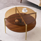 LumFurn Round Coffee Table Mid-Century Modern Design D30 x H17 for Living Room 2-Tier Structure Amber Glass Top and Walnut MDF Shelf Sleek Conical Metal Legs with Gold Finish