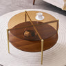 LumFurn Round Coffee Table Mid-Century Modern Design D30 x H17 for Living Room 2-Tier Structure Amber Glass Top and Walnut MDF Shelf Sleek Conical Metal Legs with Gold Finish