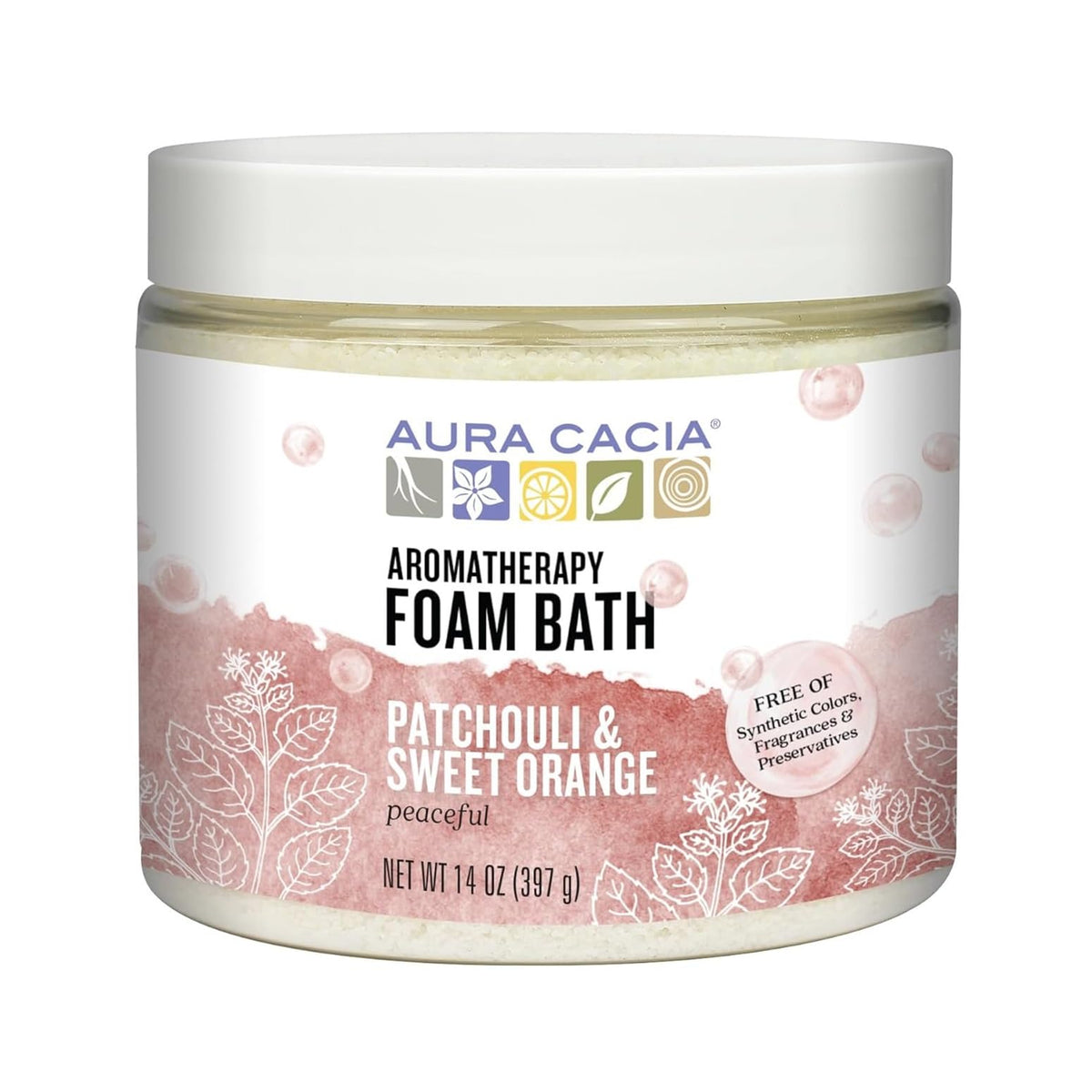 Aura Cacia Aromatherapy Foam Bath Peaceful Patchouli and Sweet Orange 14 ounce jar