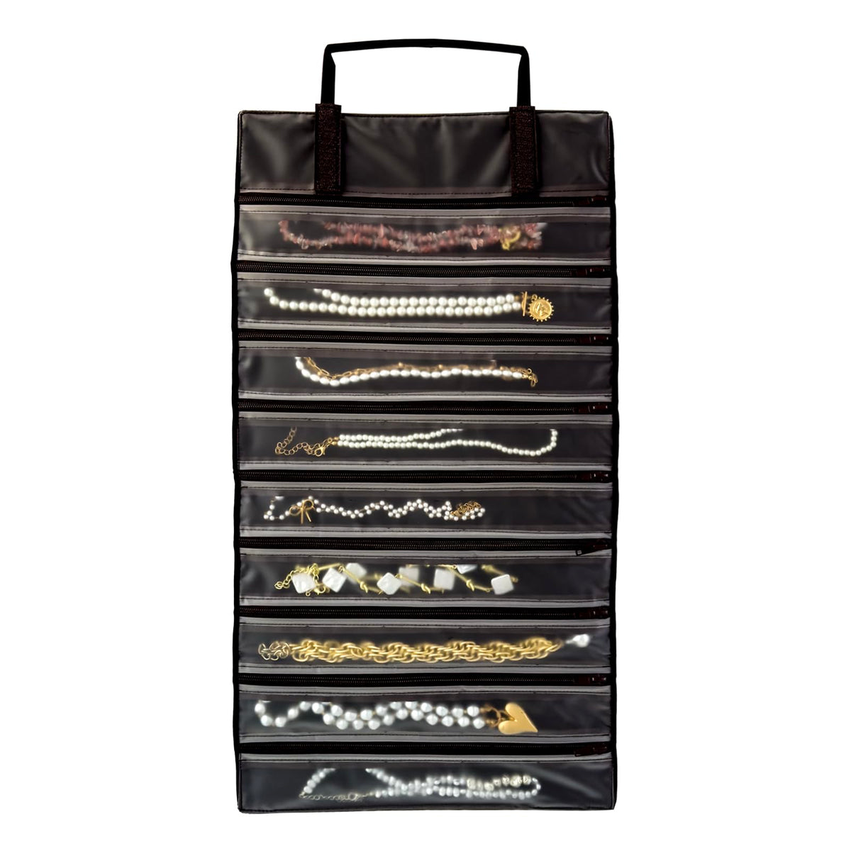 UnionPlus Velvet Travel Jewelry Case Roll Bag Organizer for Necklace 9 Zipped Grids Coffee
