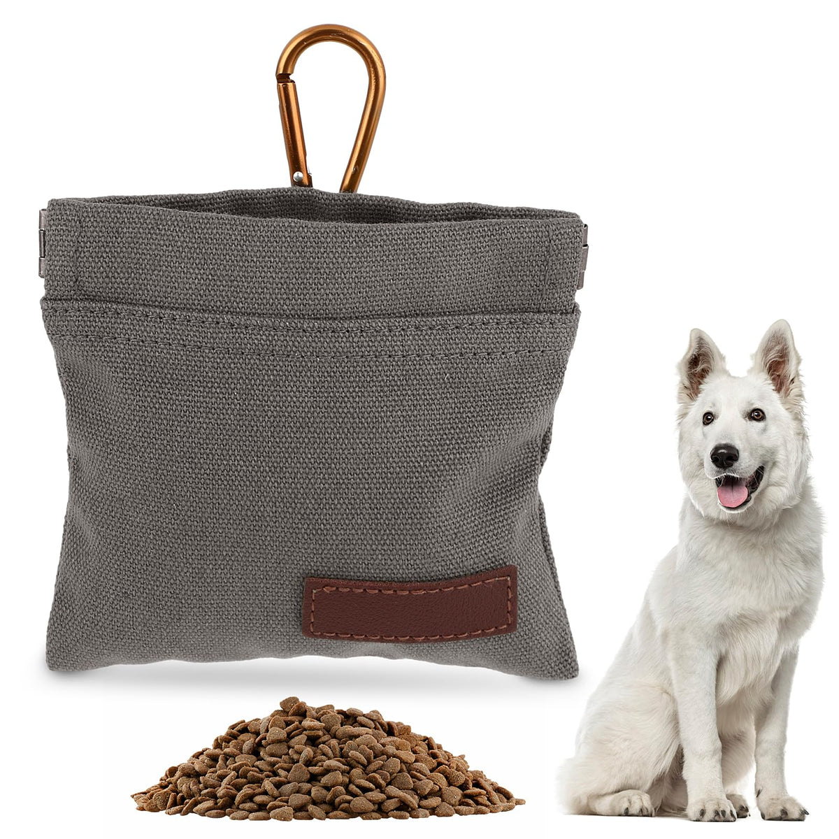 Jeffdad Canvas Dog Treat Pouch Portable Puppy Dog Training Treat Pouch with Carabiner Hands-Free Auto Closing Pet Snack Reward Pocket for Pet Training Travel or Outdoor Use(Grey)