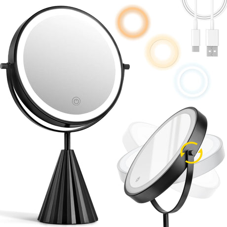 Lighted Makeup Mirror 1X/10X Vanity Mirror with 3 Color Lights ＆ Ajustable Brightness 8 Lighted Makeup Mirror with Magnification 360° Swivel Double Sided Rechargeable LED Makeup Mirror Black