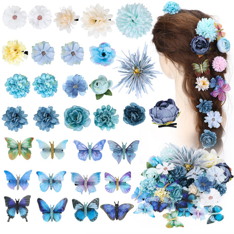 KorViSHOW Hair Clip 32 Pieces Flower Clip with Butterfly Clip Set Floral Hair Accessories for Wedding Butterfly Barrettes for Women (Blue Style)