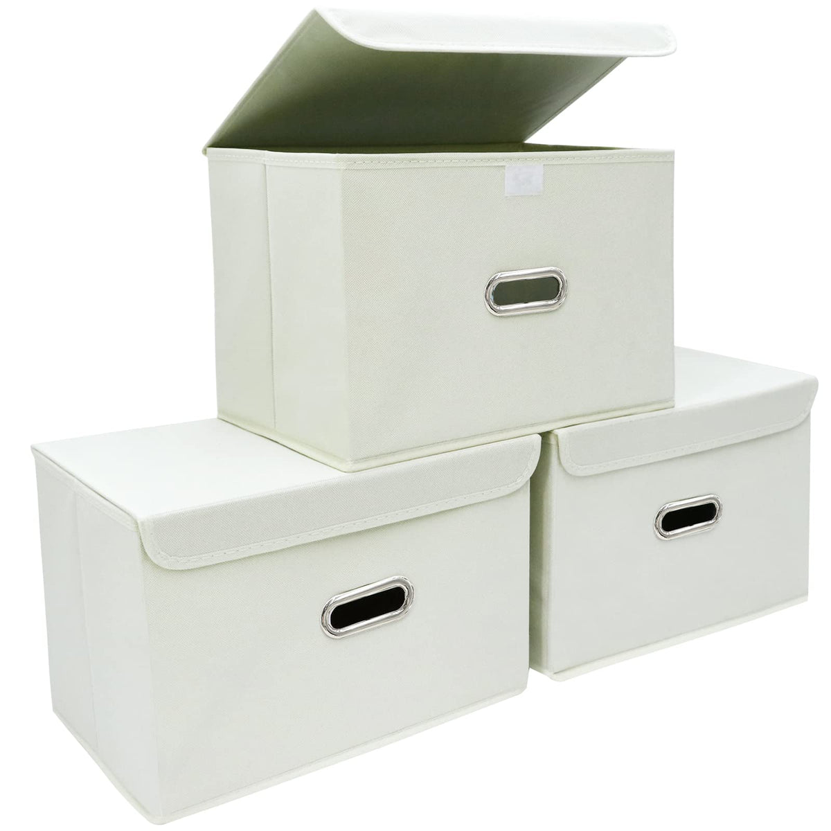 STOREONE Fabric Storage Cube Bins Foldable Organizer Container Collapsible Basket with Lids and Metal Handles for Home Bedroom Closet 3 Pcs (Creamy-White)