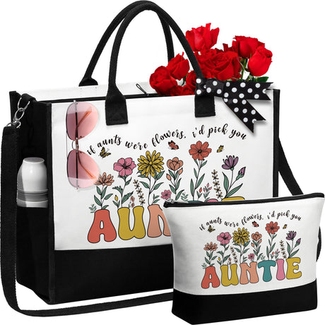 Aunt Gifts from Niece Nephew Auntie Gifts Aunt Valentines Day Gifts for Auntie Best Aunt Ever Gifts Aunt Birthday Gifts for Auntie Mothers Day Gifts for Aunt - Auntie Canvas Tote Bag & Makeup Bag
