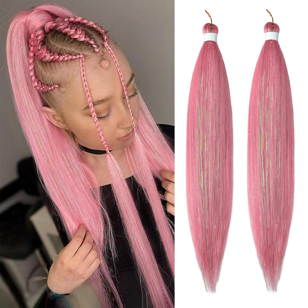 Pink with Tinsel Pre stretched Braiding Hair 26 Inches Box Braiding Hair Extensions 2 Packs Yaki Texture Synthetic Crochet Braids Hair