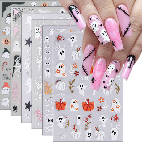 6Sheets Halloween Nail Art Stickers Cute Ghost Nail Decals for Nail Art Decoration 3D Pumpkin Spider Gothic Nail Art Design Sticker Spooky Mummy Eye Self-Adhesive Cute Nail Stickers for Women DIY Nail