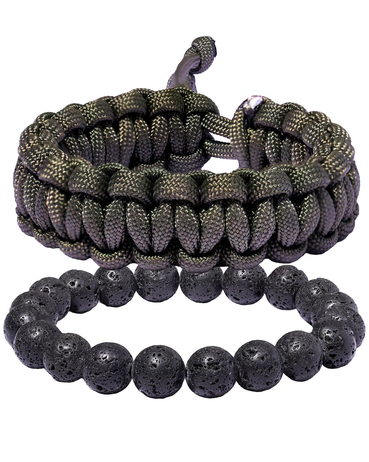 Xfoxstal 2Pcs Adjustable Handmade Survival Paracord Bracelets Set Lava Stone Stretch Beaded Bracelets for Women Men Outdoor Hiking Camping Unisex (Army Green)