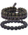 Xfoxstal 2Pcs Adjustable Handmade Survival Paracord Bracelets Set Lava Stone Stretch Beaded Bracelets for Women Men Outdoor Hiking Camping Unisex (Army Green)
