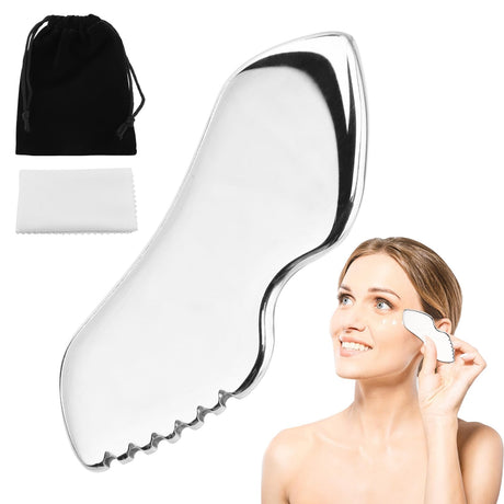NINEFOX Stainless Steel Gua Sha Gua Sha Facial Tools with Storage Bag Cleaning Cloth Face Comb & Massager Metal Gua Sha Tool Body and Face Gua Sha Stone for Tighten Skin