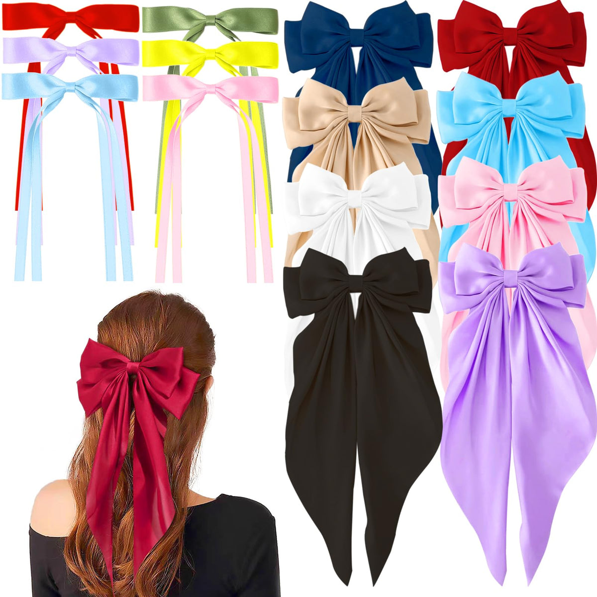 14 Pcs Hair Bows for Women Bow Hair Clips with Long Tail Coquette Bows Hair Ribbons for Women Big Hair Bow Cute Hair Accessories for Women (Vibrant)