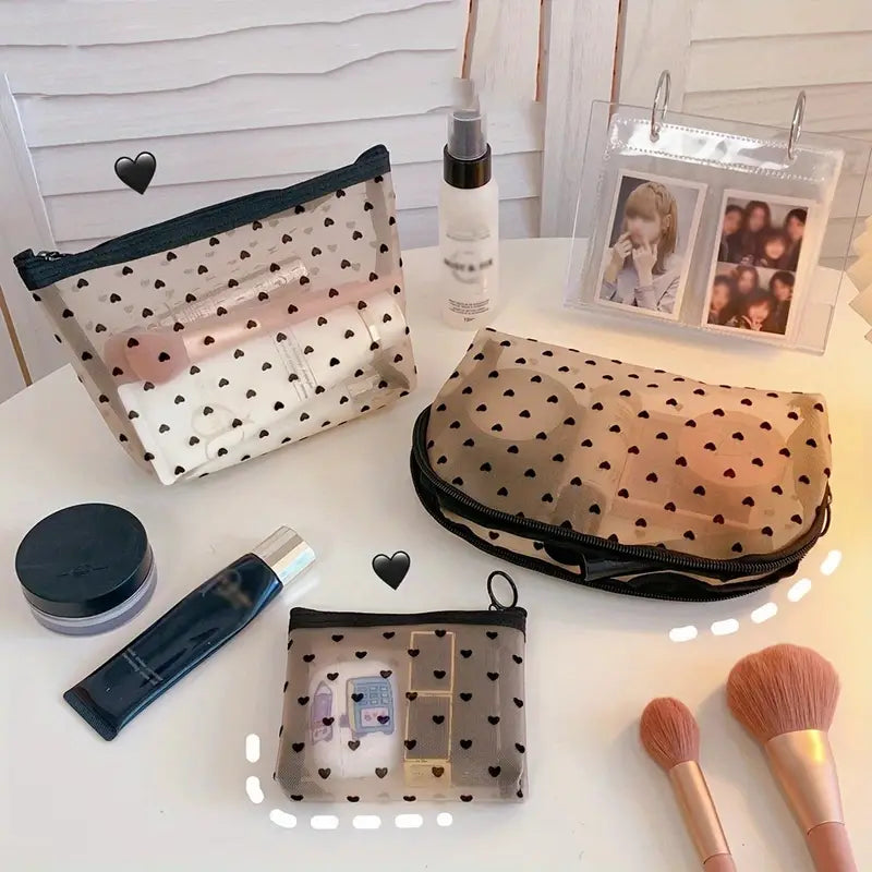 Cute Heart Print Mesh Makeup Bag - Stylish Cosmetic Organizer