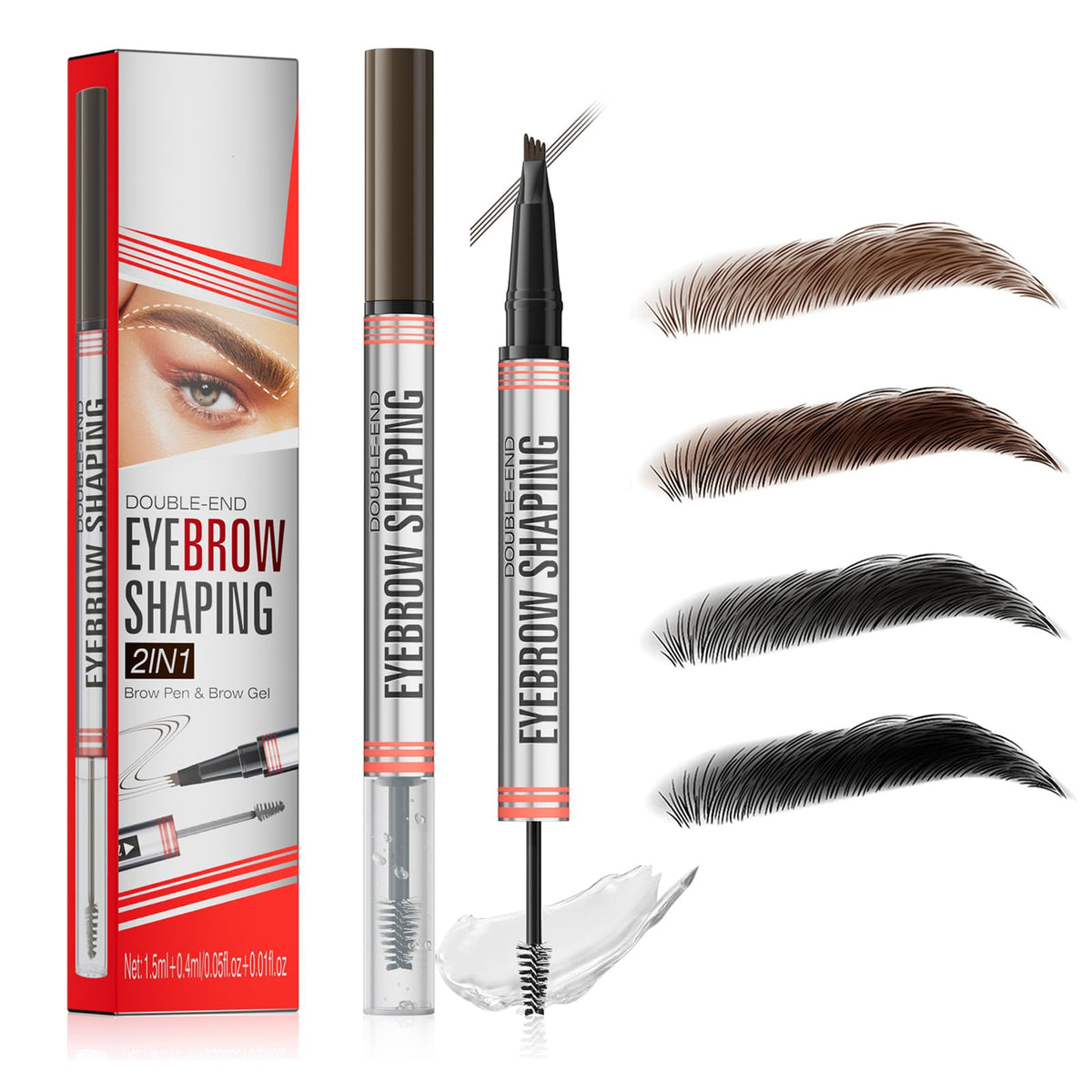Microblading Eyebrow Pen Eyebrow Pencil with 4-Fork Tip & Shaping Brow Gel Waterproof 2-in-1 Dual-Ended Eye Brow Pencils for Women & Brow Glue Makeup Kit for Natural-Looking Brows MakeupDark Brown