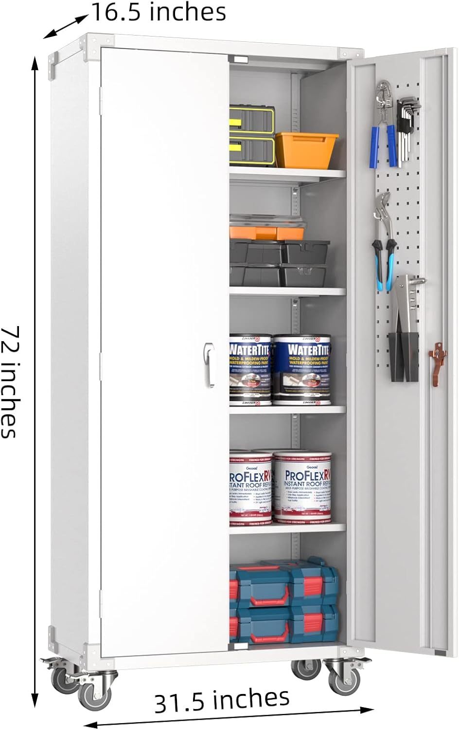 Large Metal Storage Cabinet With Pegboard And Wheels,Lockable Steel Storage Cabinet With 4 Adjustable Shelves, White Metal Cabinet For Garage Home, Office Assembly Required