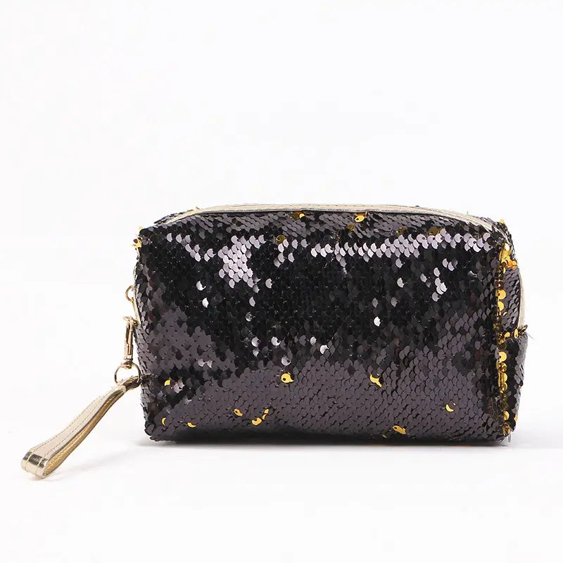 Portable Sequin Makeup Organizer Bag with Zipper Closure