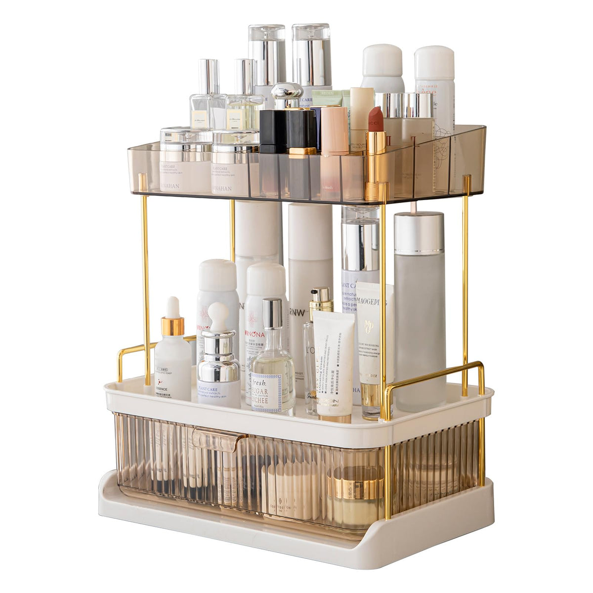 YCIA&DONE 2 Tiers Bathroom Counter Organizer with DrawerLarge Capacity Vanity OrganizerMulti Makeup Organizer CountertopPerfume OrganizerSkincare Organizers (Amber Gold)