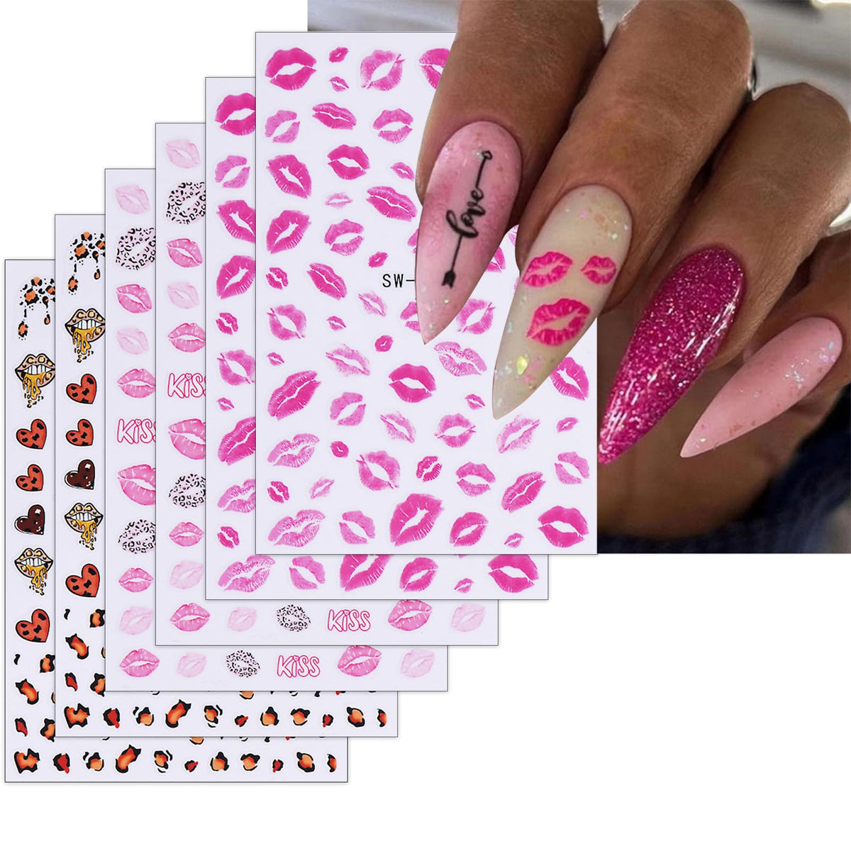 Valentines Day Nail Stickers for Nail Art Sexy Red Lips Hot Pink Valentines Day Nail Art Stickers 6PCS 3D Self-Adhesive Sexy Red Lips Nail Decals Manicure Supplies for Nail Art Decorations ﻿