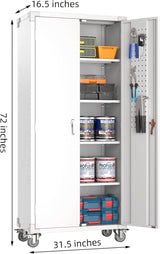 Large Metal Storage Cabinet With Pegboard And Wheels,Lockable Steel Storage Cabinet With 4 Adjustable Shelves, White Metal Cabinet For Garage Home, Office Assembly Required
