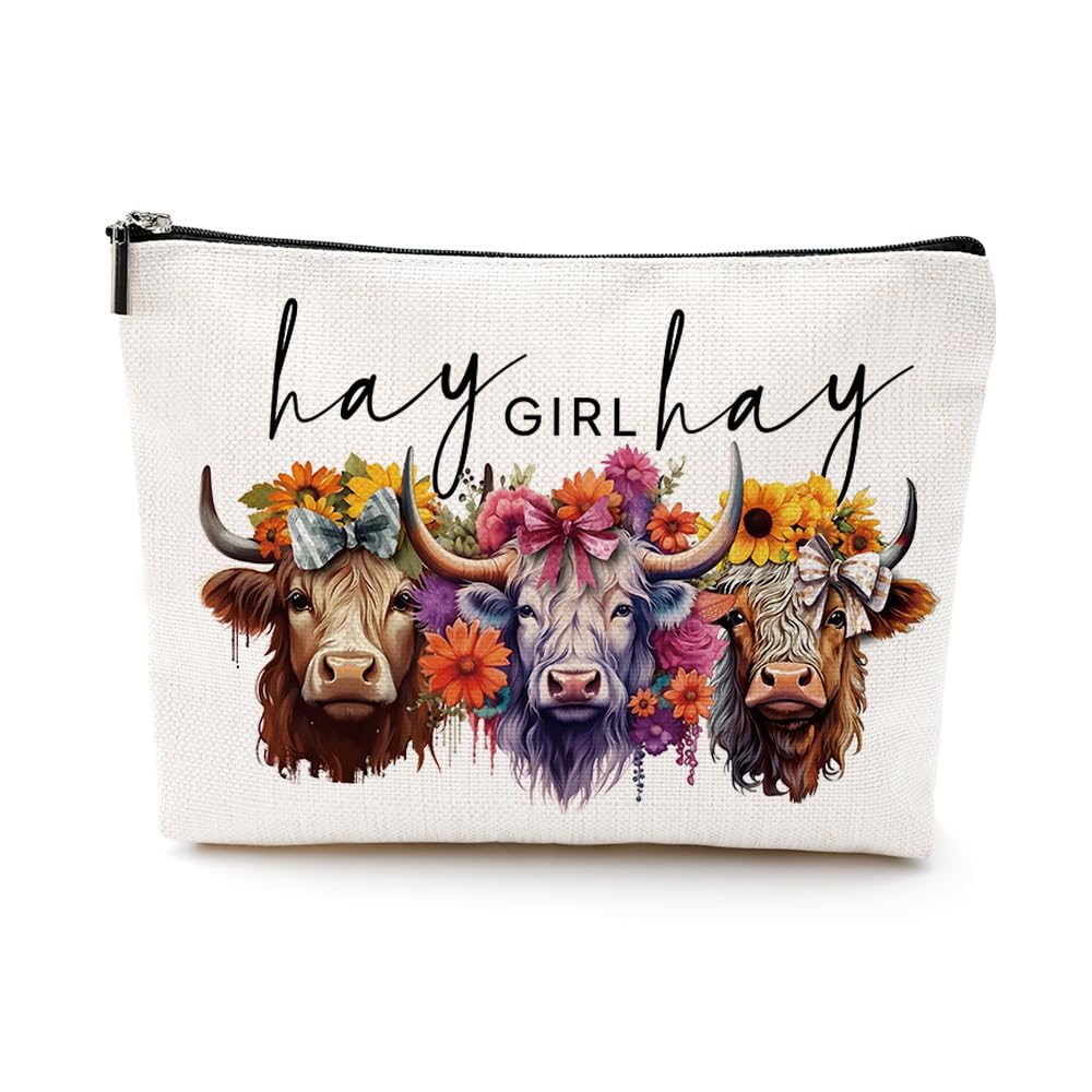 Cute Western Cow Makeup Bag Cow Gifts Western Gifts for Women Girls Cow Print Stuff Merch for Cow Lovers Funny Christmas Birthday Gifts for Teens Best Friend BFF Bride Sister Hay Girl Cosmeticcase