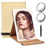 Travel Mirror with Light and Round 10X 20X Magnifying Mirror PU Leather Travel Makeup Mirror with 3 Light Settings Portable LED Lighted Makeup Mirror of 8 * 5.5inch with 2000mAh (Set-Golden)