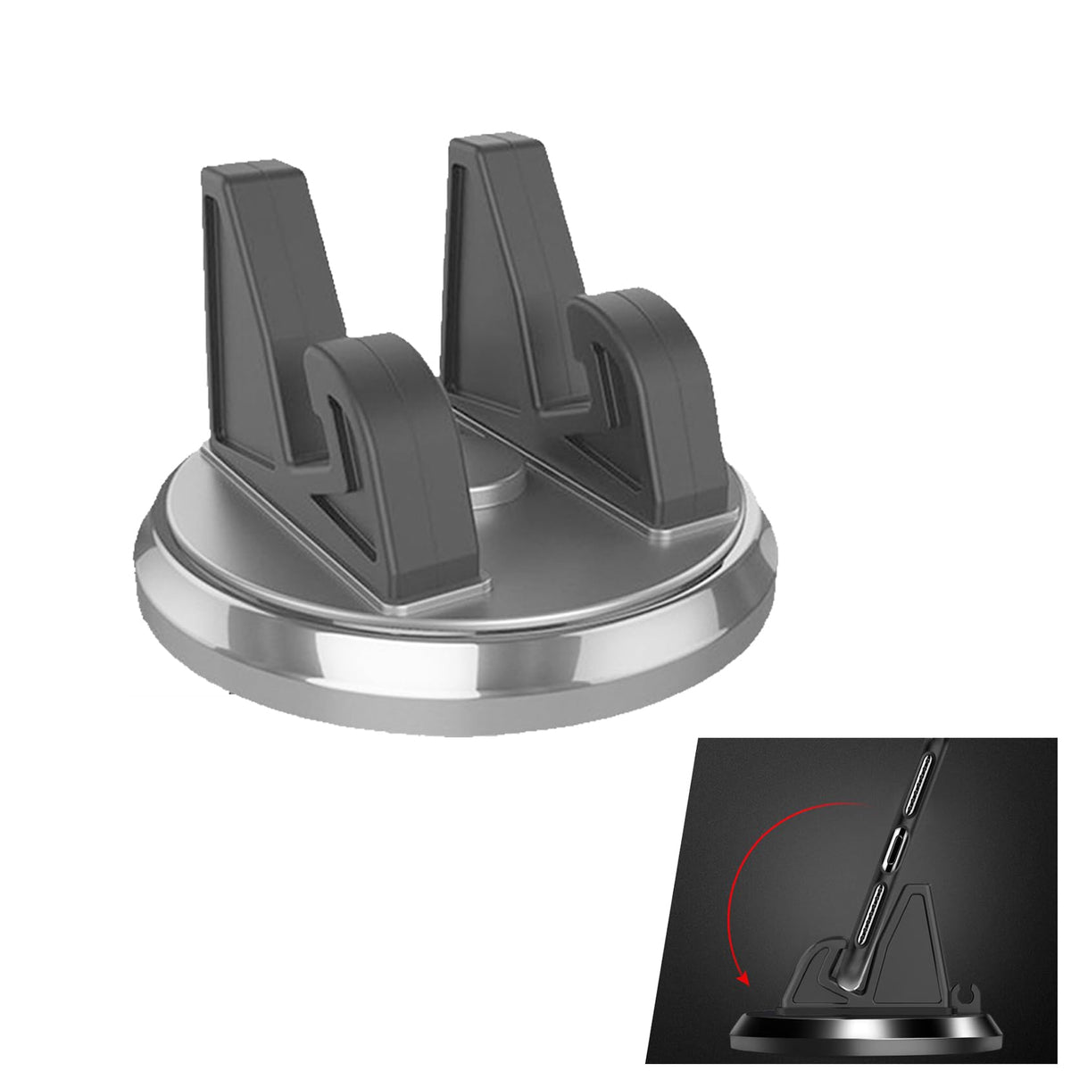 GKmow 1 PC Car Dashboard Navigation Bracket 2.83" x 1.69" Silicone 360° Rotating Center Console Mobile Phone Base Horizontal Vertical Screen Switching Accessory for Most Models (Silver & Black)