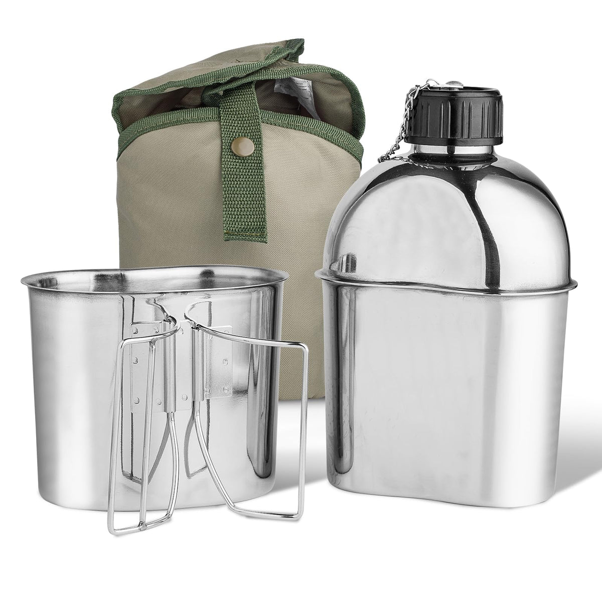 Afranti Stainless Steel Military Canteen 1.2QT Portable Army Water Bottle with 0.6QT Cup & Sleeves for Camping Hiking Climbing and Most Outdoor Activities