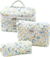 3 PCS Cute Floral Makeup Bag Set Quilted Cotton Cosmetic Bag Large Travel Flower Make Up Bag Blue Rabbit Kawaii Coquette Skincare Bag Aesthetic Toiletry Bags for Women Teen Girls