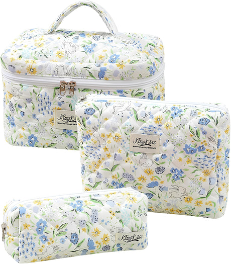 3 PCS Cute Floral Makeup Bag Set Quilted Cotton Cosmetic Bag Large Travel Flower Make Up Bag Blue Rabbit Kawaii Coquette Skincare Bag Aesthetic Toiletry Bags for Women Teen Girls
