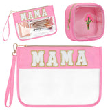 Silongder 2 Pcs Chenille Letter Clear Zipper Pouch for Travel Nylon Clear Makeup Bag Mama Purse Pouch Waterproof Cosmetic Pouch Clear Snack Bags Multipurpose Cosmetic Bag for Women (Pink-Mama)