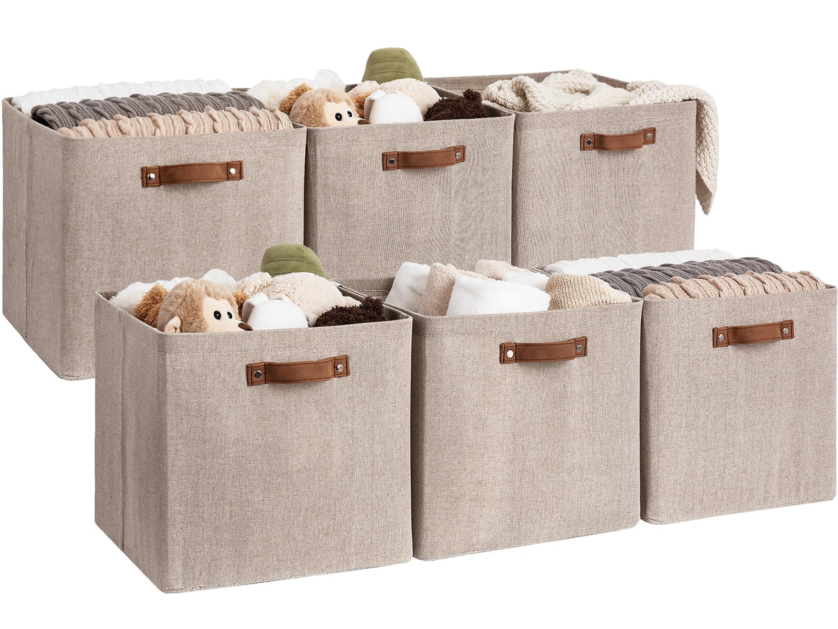 StorageWorks 13x13 Storage Cubes Collapsible Storage Bins Organizer for Closet Fabric Storage Box with PU Handles Brown and Beige 6-Pack