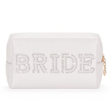 Etercycle Bride Letter Makeup Bag Bride To Be Gifts Bling Pearl Rhinestone Patch Cosmetic Bag Waterproof PU Travel Toiletry Bag for Bachelorette Party Women Wedding Bridal (Silver)