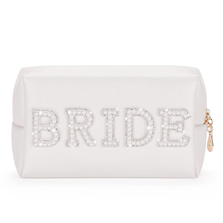 Etercycle Bride Letter Makeup Bag Bride To Be Gifts Bling Pearl Rhinestone Patch Cosmetic Bag Waterproof PU Travel Toiletry Bag for Bachelorette Party Women Wedding Bridal (Silver)