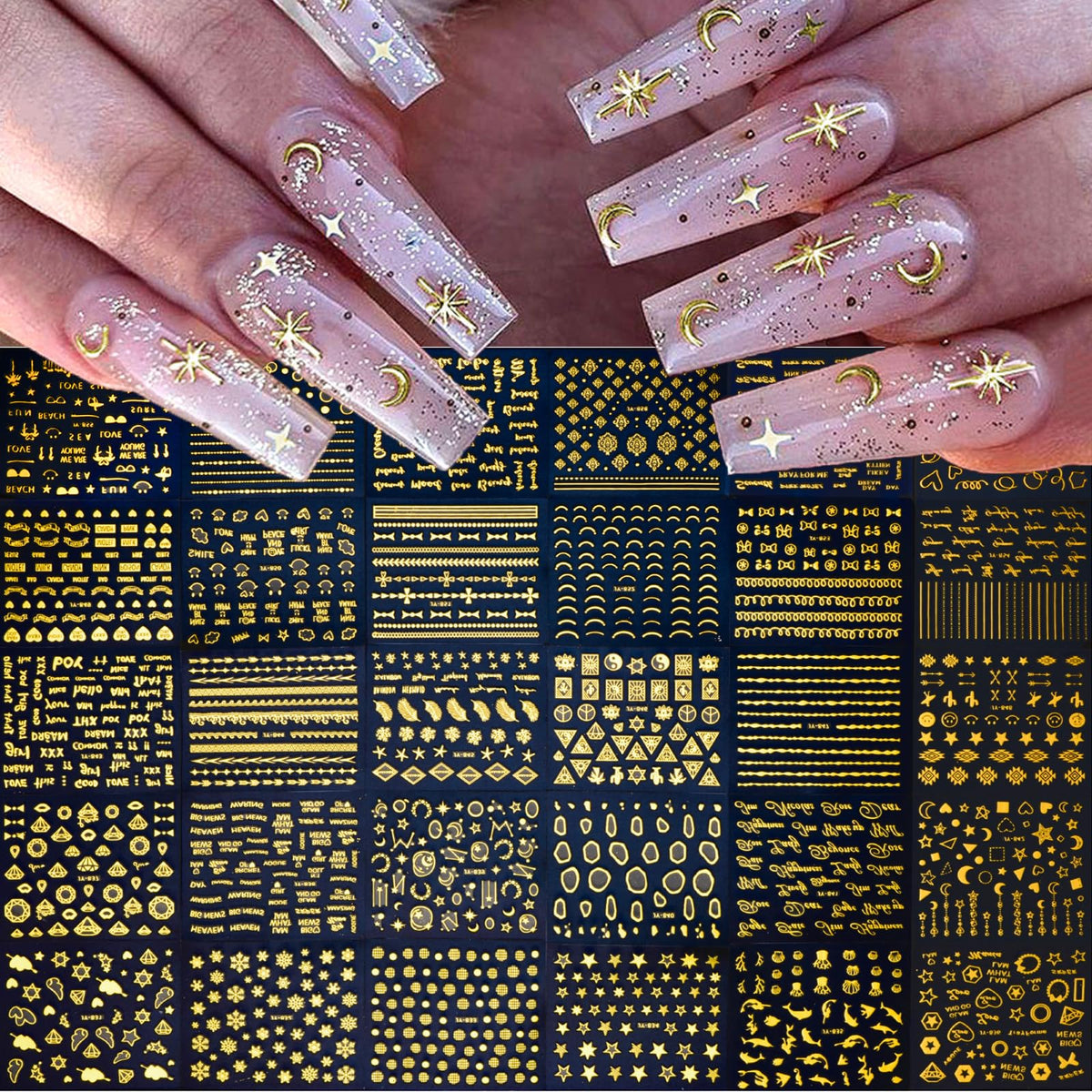 30 Sheet Gold Nail Stickers 3D Self-Adhesive Star Nail Decals Gold Nail Charms Line Nail Art Stickers Letter Lace Flowers Nail Art Design Nail Supplies for Women Nail Decoration