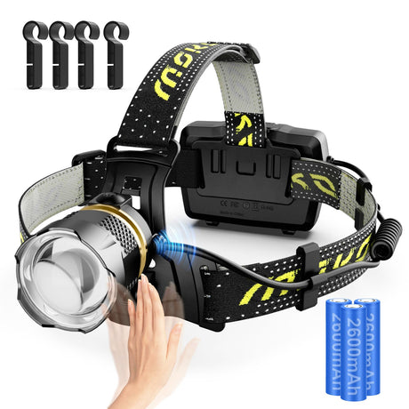 MoKo Stirnlampe Led Wiederaufladbar 30000 Lumen & 7800 mAh Grosse Kapazität AKKU8 Lichtmodi mit Bewegungssensor IP68 Wasserdicht 90° Verstellbar Kopflampe Stirnlampe für Outdoor Camping Angeln