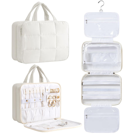 HBlife Travel Toiletry Bag with Jewelry Organizer for Women Puffy Hanging Travel Bag for Toiletries with Trolley Belt Waterproof Makeup Cosmetic Bag Travel Accessories Essentials(Beige M)