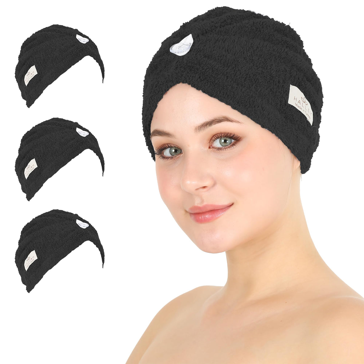 HALLEY Cotton Hair Towel Wrap (3 Packs) Super Absorbent Fast Drying Hair Towel for Thick Hair Turbans for Wet Hair with Button (Black)