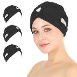 HALLEY Cotton Hair Towel Wrap (3 Packs) Super Absorbent Fast Drying Hair Towel for Thick Hair Turbans for Wet Hair with Button (Black)