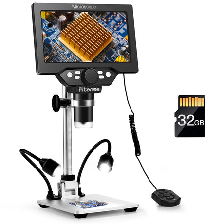 Fitense 7" LCD Digital Microscope 1200X Coin Microscope Camera Full View for Error Coins with 10.2" Microscope Stand Soldering Microscope for Electronics Repair Coin Magnifier with Light 32G Card