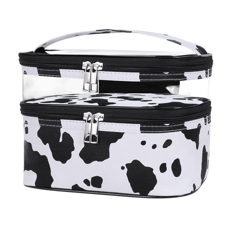 HUA ANGEL Double-layer Cosmetic Bag Travel Makeup Bag for Women Leather Cosmetic Case Portable Travel-Size Toiletry Organizer
