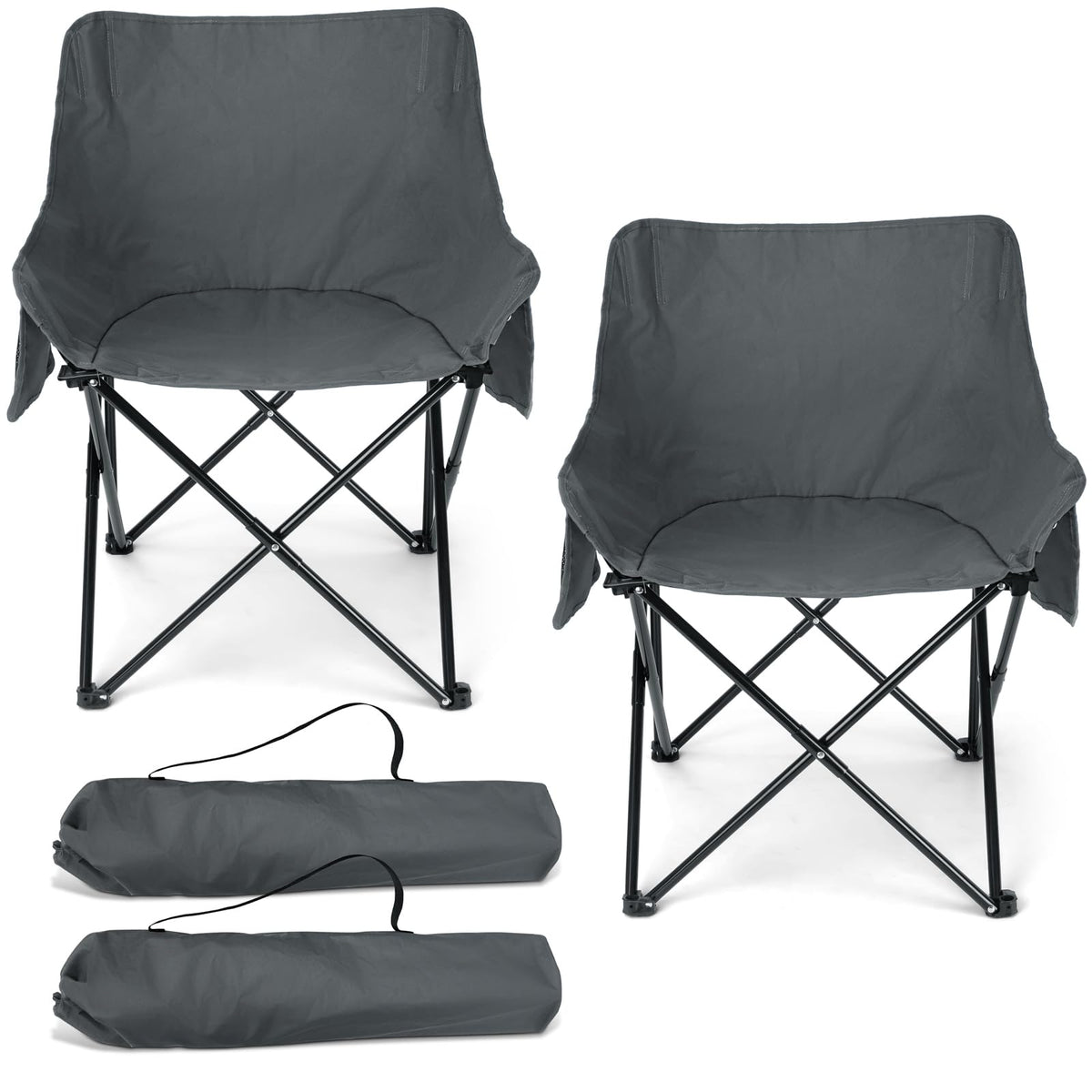 HaSteeL Camping Chair for Adults Compact Folding Portable Chairs Set with Side Pockets for Outdoors Fishing Hiking Backpacking Picnic Beach Travel Supports to 250lbs & Storage Bags (Grey)
