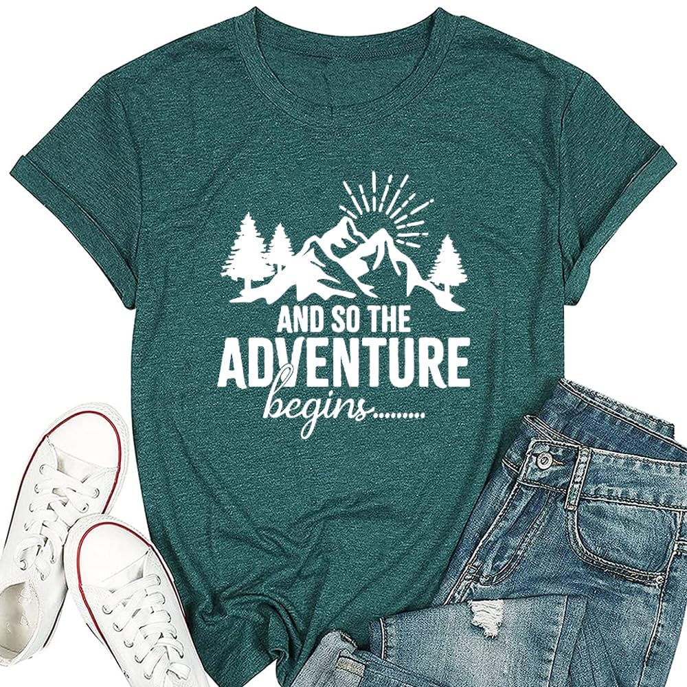 Women Mountain Adventure T-Shirts Pine Nature Graphic Tees Workout Camping Letter Print Short Sleeve TopGreen XXL