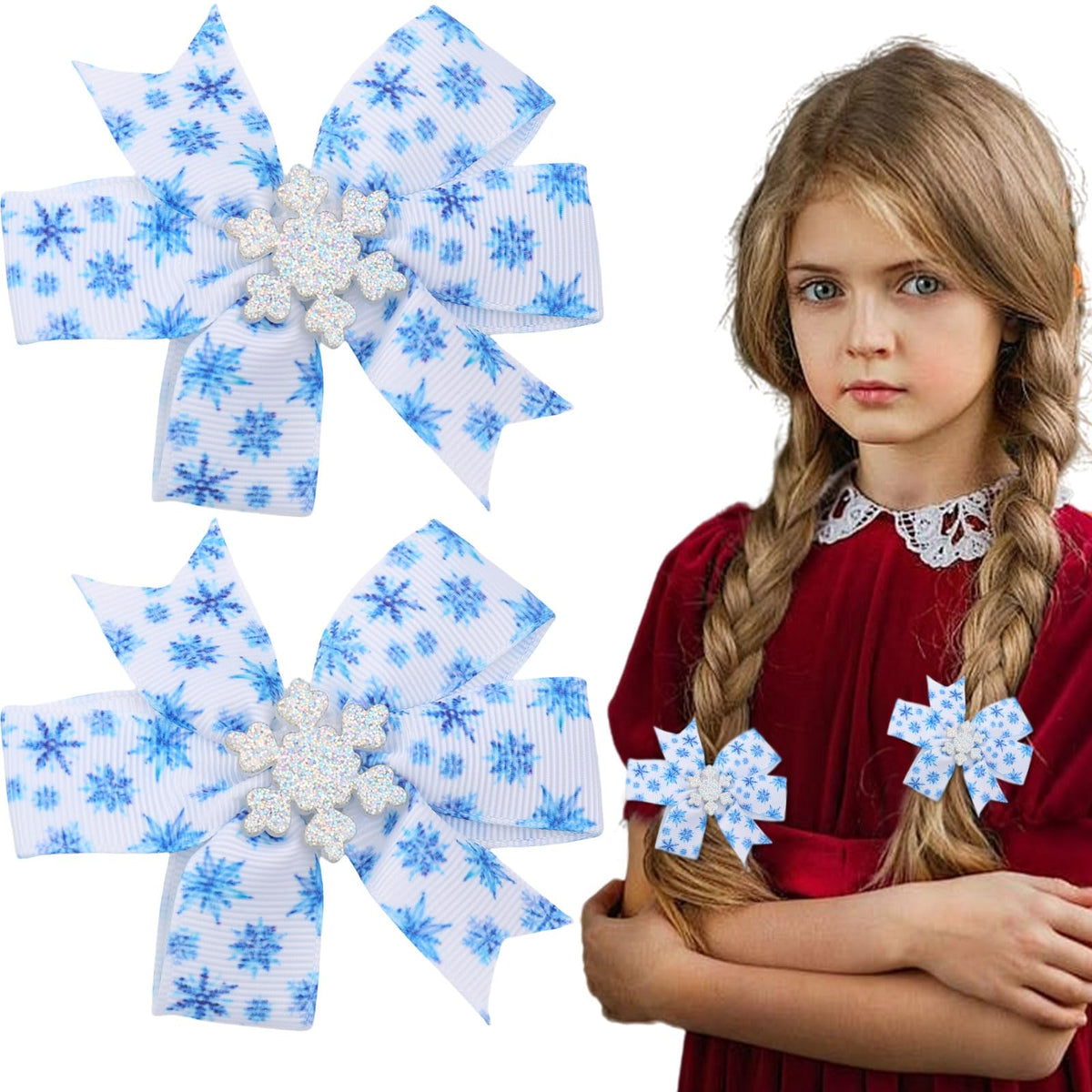 HIFANMM Christmas Hair Clips Snowflake Hair Accessories for Women Girls Cute Cartoon Glitter Hair Accessories Blue Bow Hairpins Alligator Hair Barrettes New Year Xmas Party Decor Supplies 2Pcs