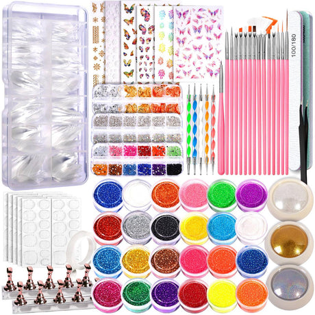 FANDAMEI Nail Art Kit Nail Tools With Acrylic Fake Nail Tips For Beginner Nail Art Brushes Chrome Nail Powder Nail Gems Nail Glitter Nail Stickers Nail Art Tools For DIY At Home Nail Studio