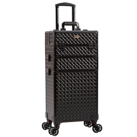JINGUAN 3 in 1 Rolling Makeup Train Case Professional Cosmetic Trolley Large Storage with Keys Swivel Wheels Salon Barber Case Traveling Cart Trunk for Make Up Hairstylists Nail Tech Black