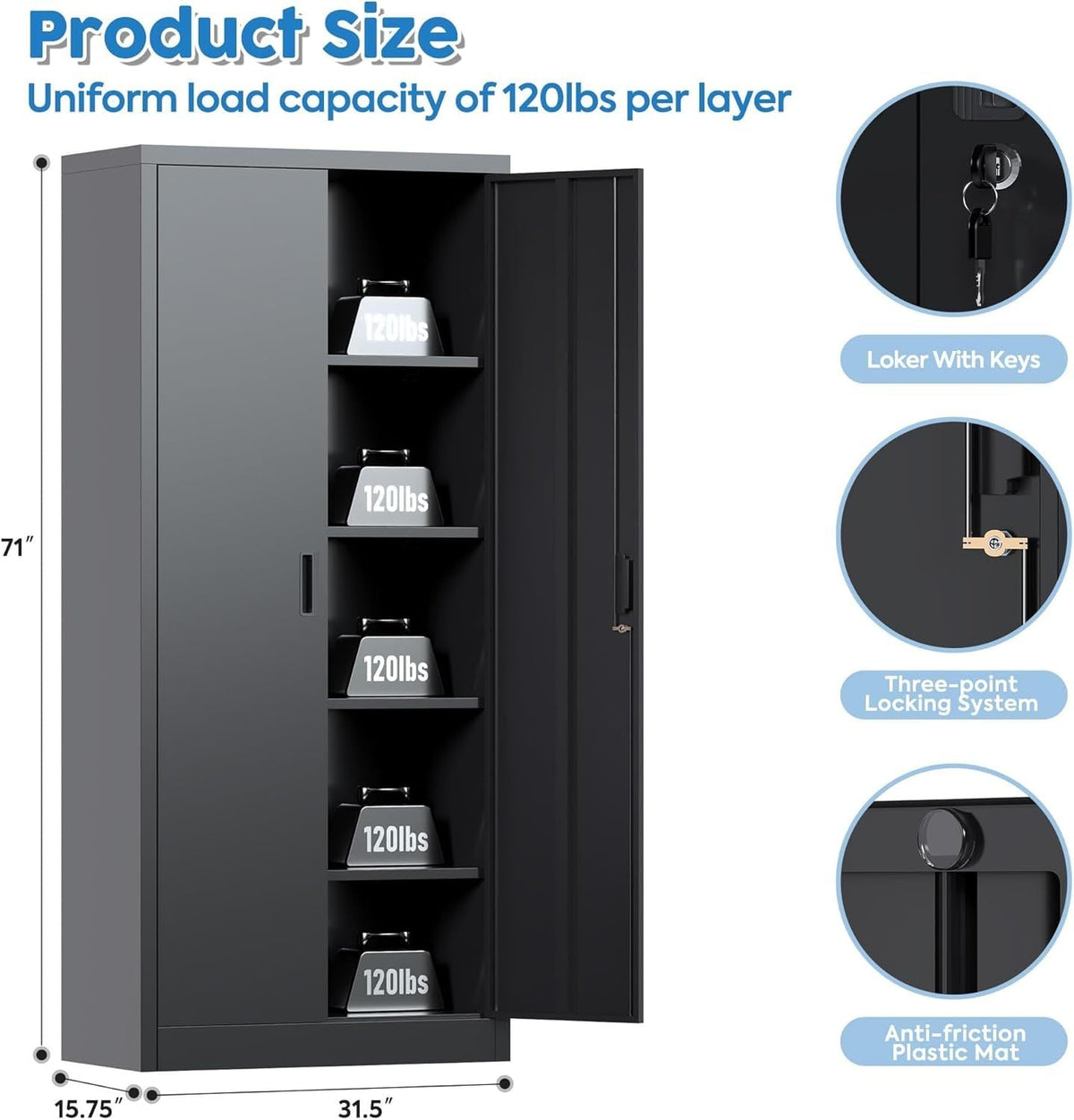 Metal Garage Storage Cabinet With Lock, Steel Lockable File Cabinet With 2 Doors And 4 Adjustable Shelves For Office,Home,Garage, Storage, Assembly Required, Black