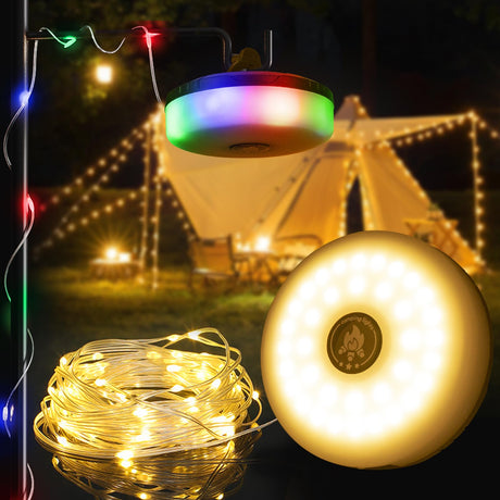 DGE Camping String Lights 8 Lighting Modes 2-in-1 Outdoor String Lights with RGB and Warm White Light (32.8ft) Quick Storage Waterproof Type-C Charging for Camping Holiday