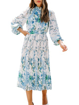 ANRABESS Womens Floral Midi Dress Puff Long Sleeve Casual Ruffle Chiffon A-Line Swing Pleated Belted Tea Party Dresses Floral Blue X-Large