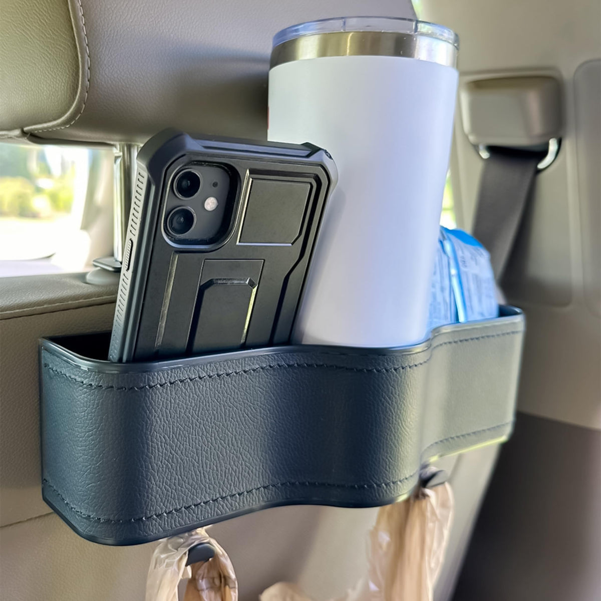Car Headrest Backseat Organizer with Cup Holder 3 in 1 Seat Back Organizer with Headrest Hooks for Kids and Adults Back Seat Organizer for Kids Multifunctional Storage for Car Travel Accessories